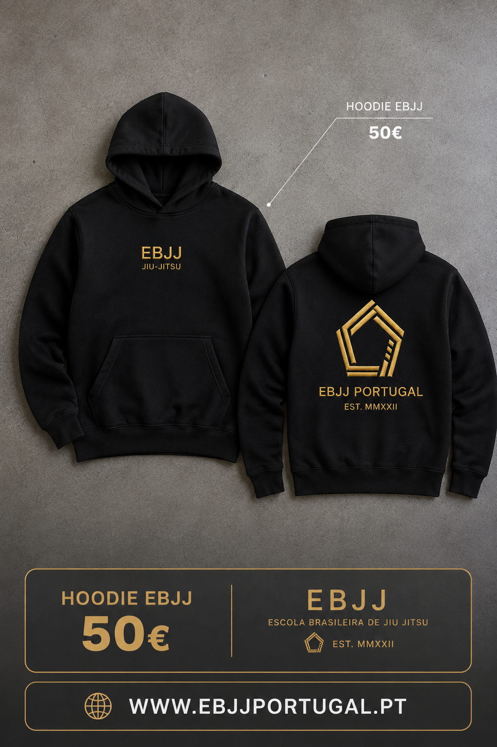 Hoodie EBJJ 4 Years — frente e costas com bordado dourado